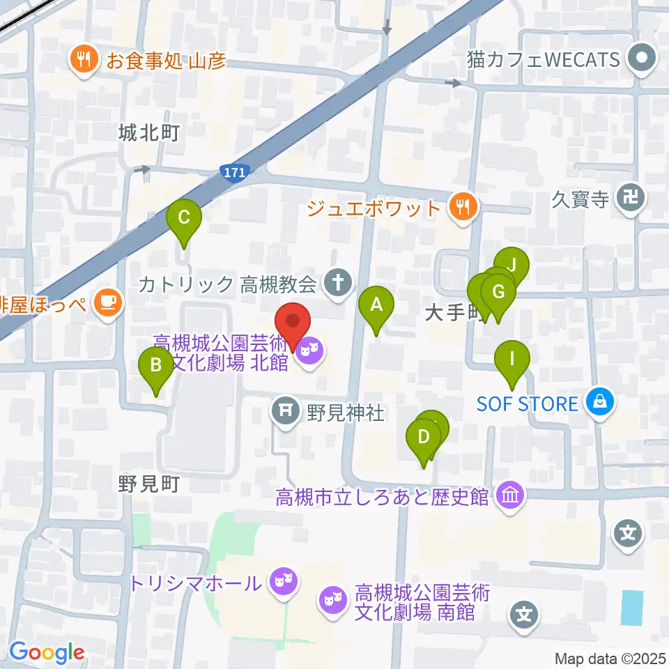 高槻城公園芸術文化劇場 北館周辺の駐車場・コインパーキング一覧地図