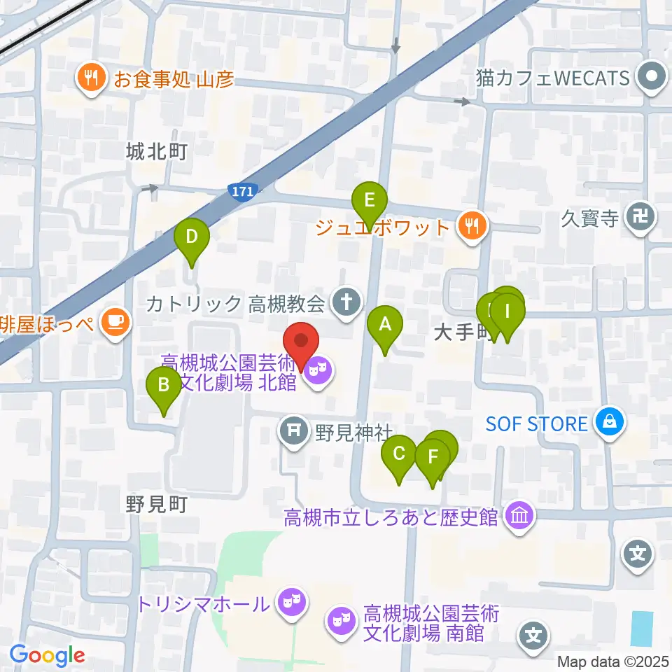 高槻城公園芸術文化劇場 北館周辺の駐車場・コインパーキング一覧地図