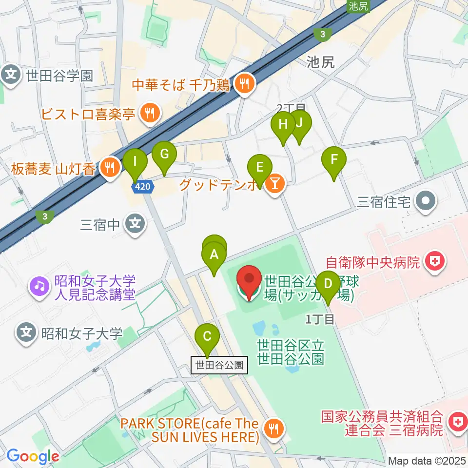 世田谷公園軟式野球場周辺の駐車場・コインパーキング一覧地図