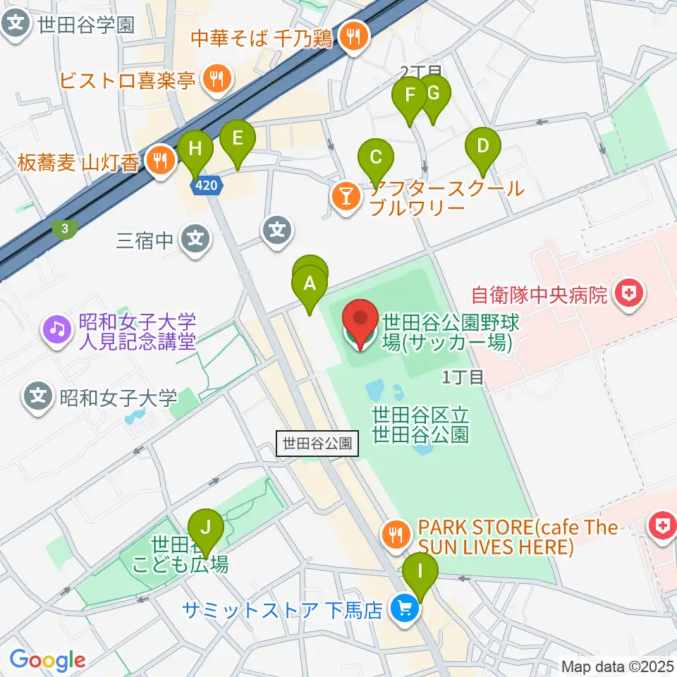 世田谷公園軟式野球場周辺の駐車場・コインパーキング一覧地図