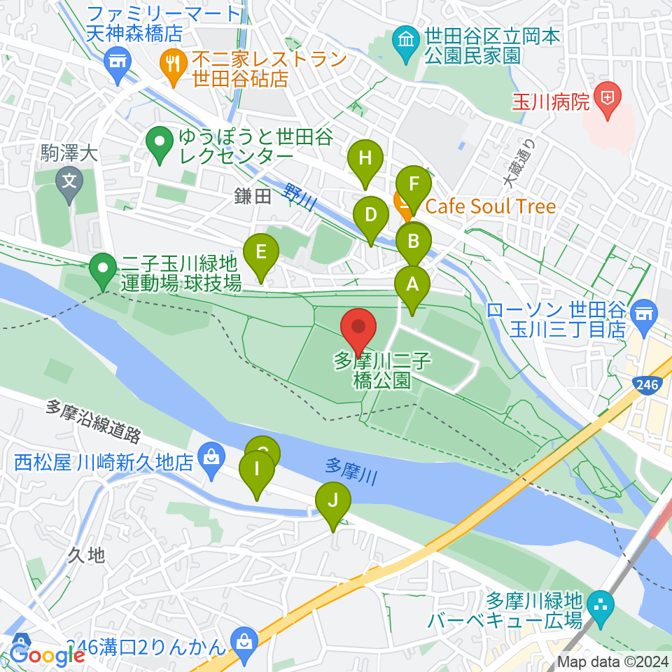 二子玉川緑地球技場・サッカー場周辺の駐車場・コインパーキング一覧地図