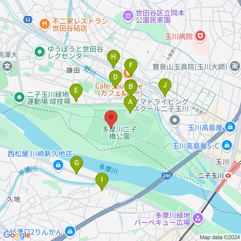 二子玉川緑地球技場・サッカー場周辺の駐車場・コインパーキング一覧地図