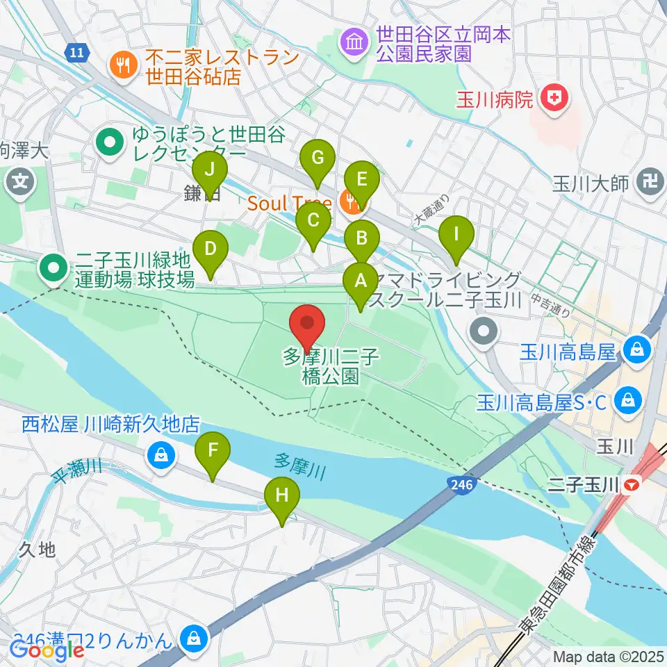 二子玉川緑地球技場・サッカー場周辺の駐車場・コインパーキング一覧地図