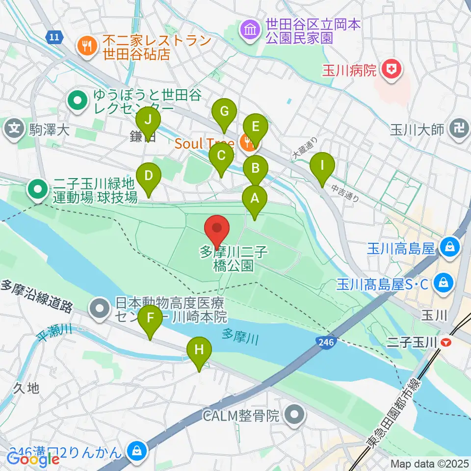 二子玉川緑地球技場・サッカー場周辺の駐車場・コインパーキング一覧地図