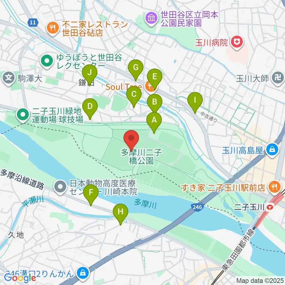 二子玉川緑地球技場・サッカー場周辺の駐車場・コインパーキング一覧地図