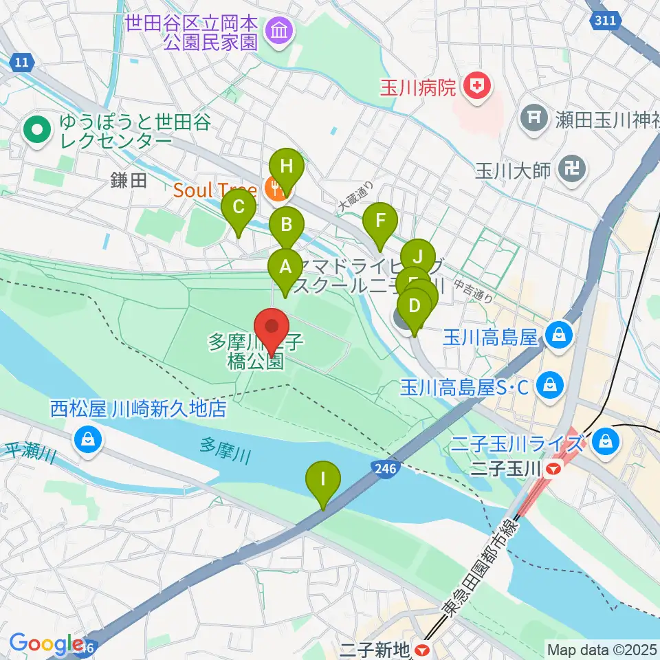 二子玉川区民運動施設周辺の駐車場・コインパーキング一覧地図