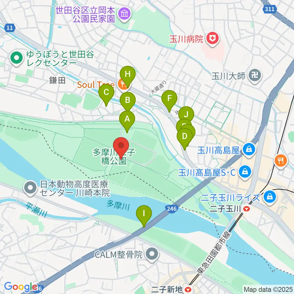 二子玉川区民運動施設周辺の駐車場・コインパーキング一覧地図