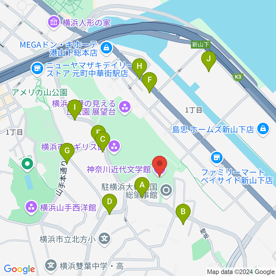 神奈川近代文学館周辺の駐車場・コインパーキング一覧地図