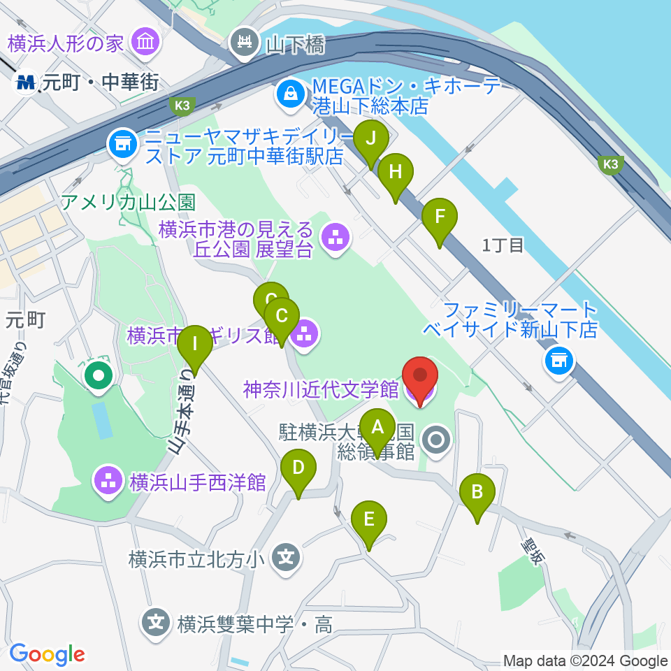 神奈川近代文学館周辺の駐車場・コインパーキング一覧地図