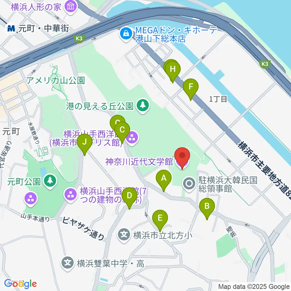 神奈川近代文学館周辺の駐車場・コインパーキング一覧地図