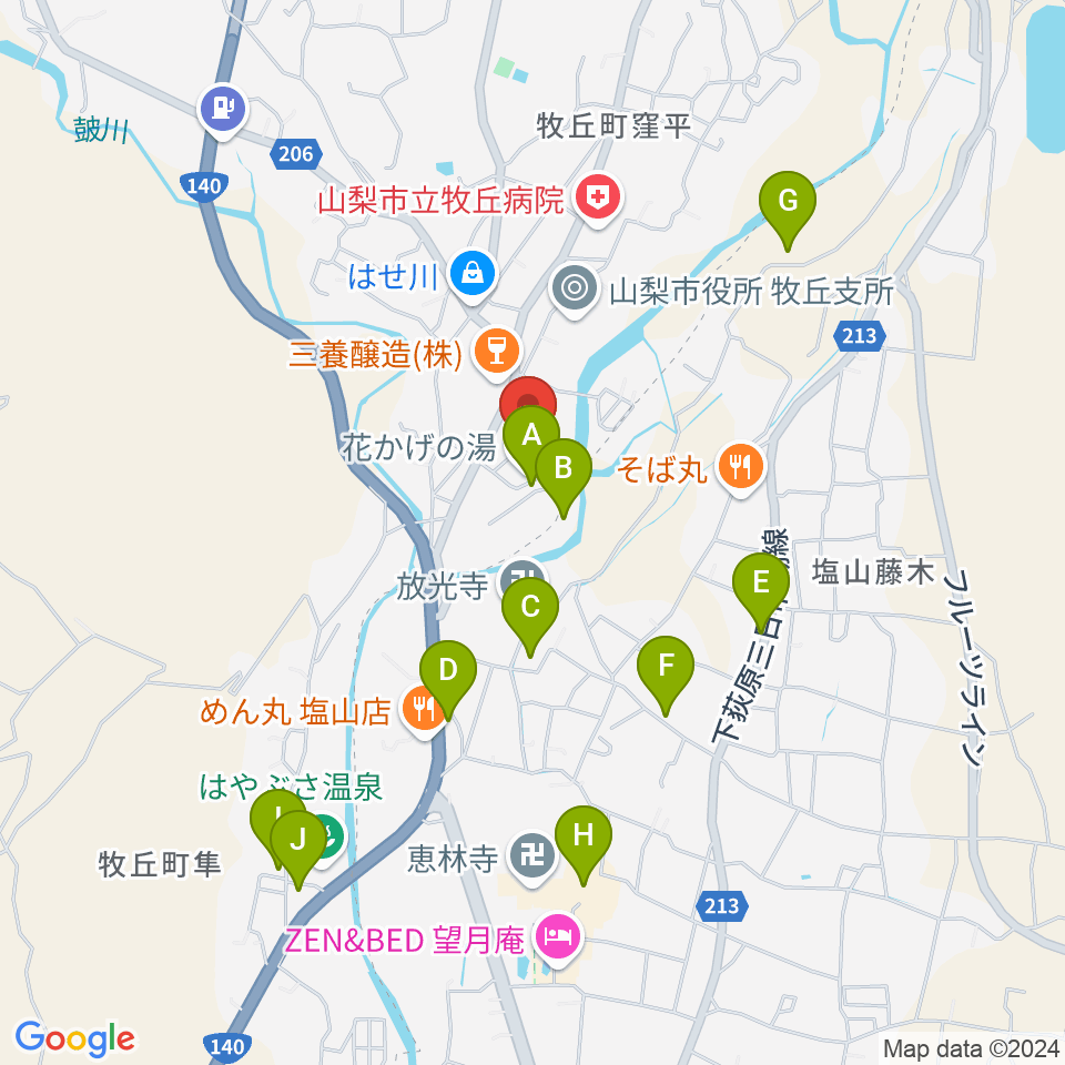 山梨市花かげホール周辺の駐車場・コインパーキング一覧地図