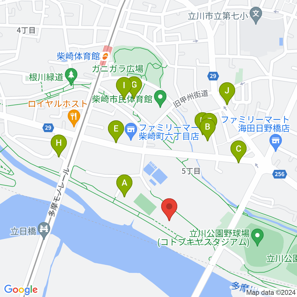 立川公園新堤防運動広場周辺の駐車場・コインパーキング一覧地図