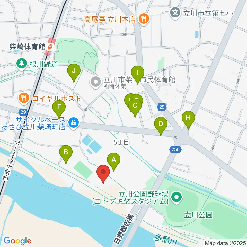 立川公園新堤防運動広場周辺の駐車場・コインパーキング一覧地図
