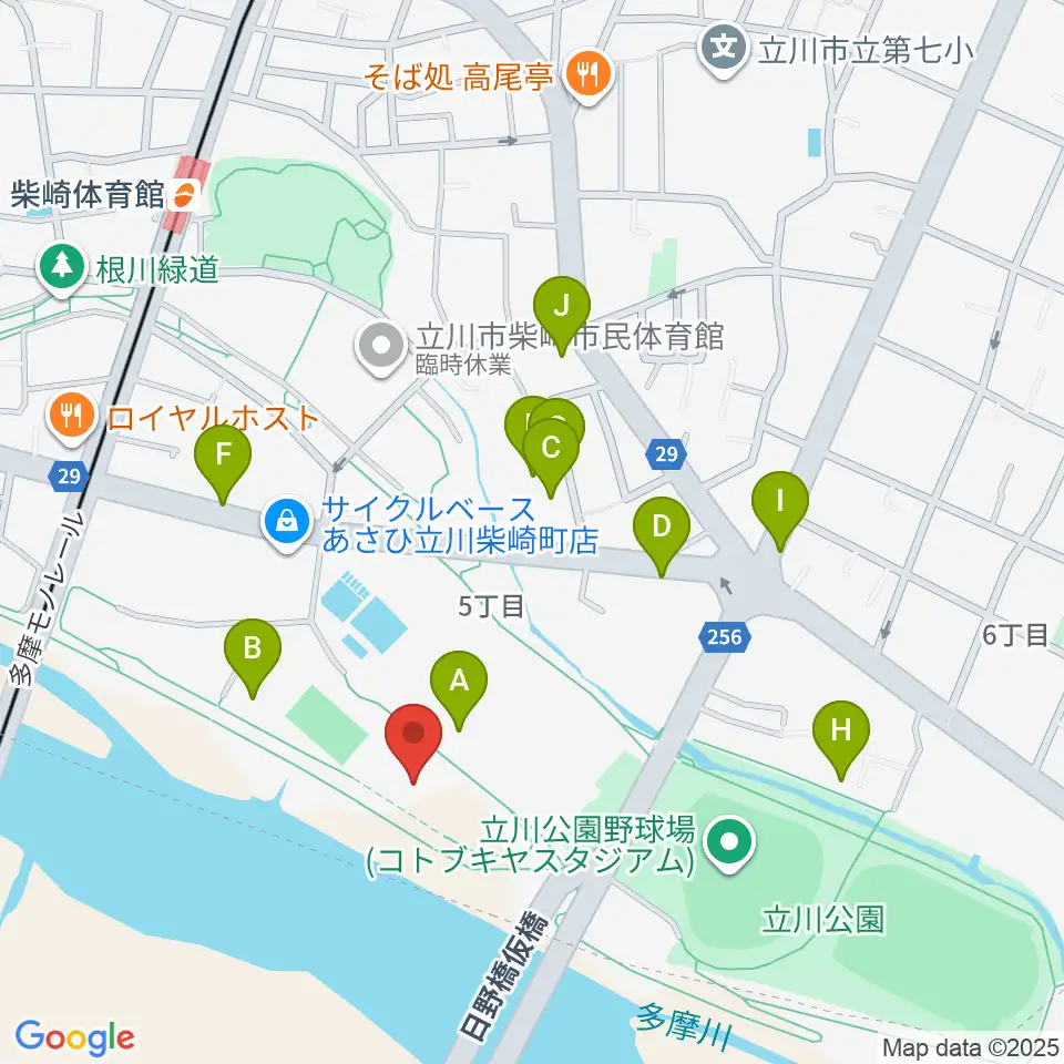 立川公園新堤防運動広場周辺の駐車場・コインパーキング一覧地図