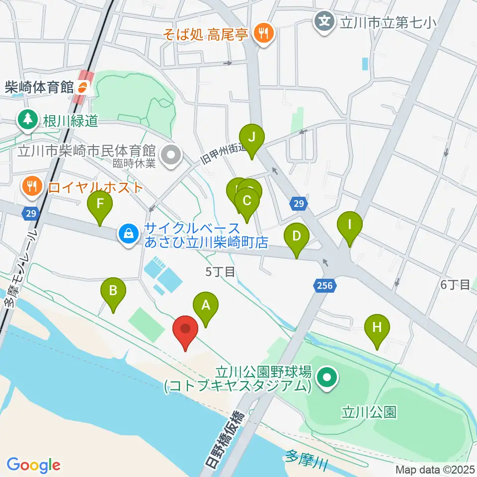 立川公園新堤防運動広場周辺の駐車場・コインパーキング一覧地図