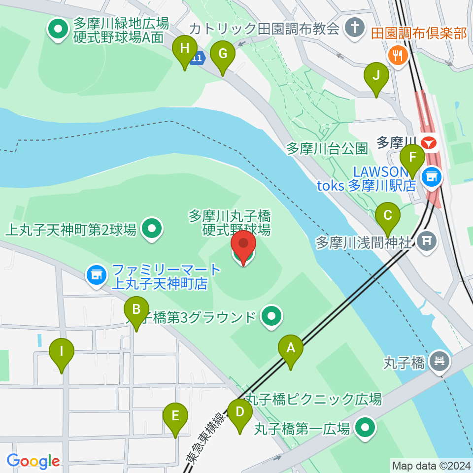 多摩川丸子橋硬式野球場周辺の駐車場・コインパーキング一覧地図