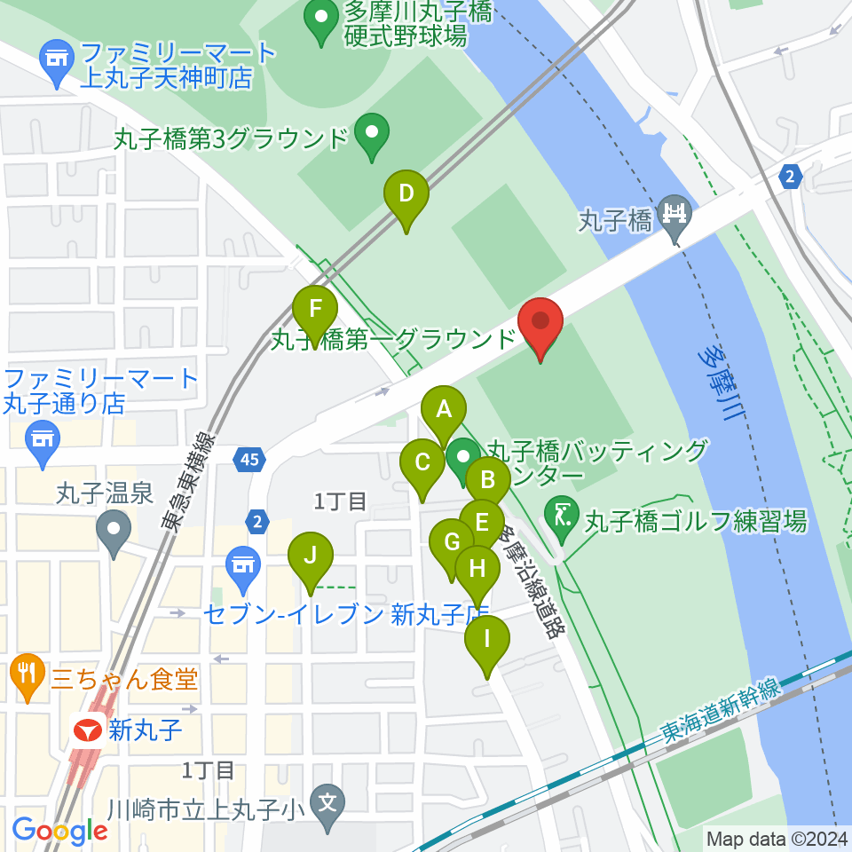 丸子橋運動場周辺の駐車場・コインパーキング一覧地図