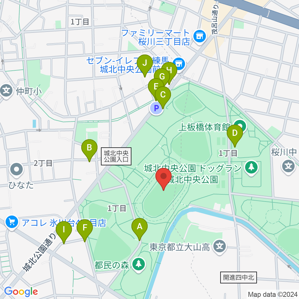 城北中央公園陸上競技場周辺の駐車場・コインパーキング一覧地図