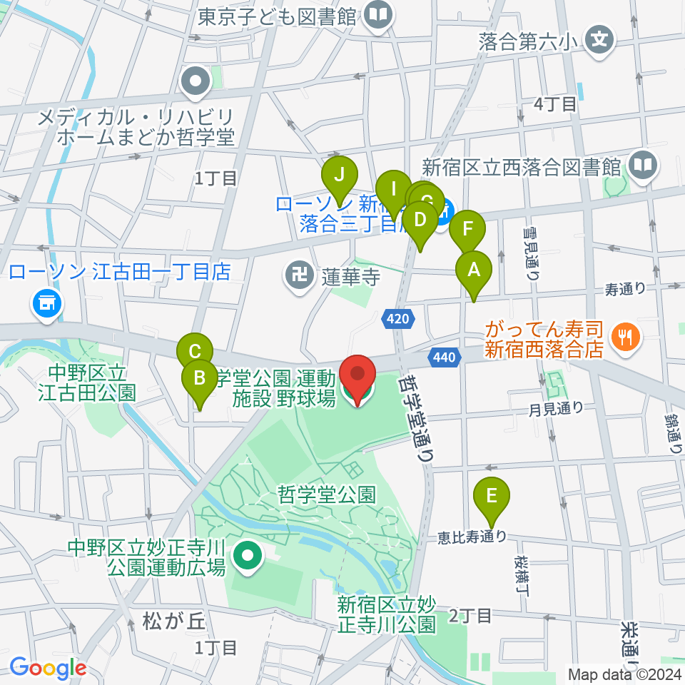 哲学堂公園野球場周辺の駐車場・コインパーキング一覧地図