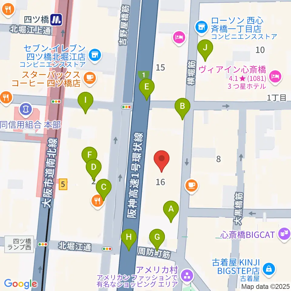ベースオントップ アメ村店周辺の駐車場・コインパーキング一覧地図