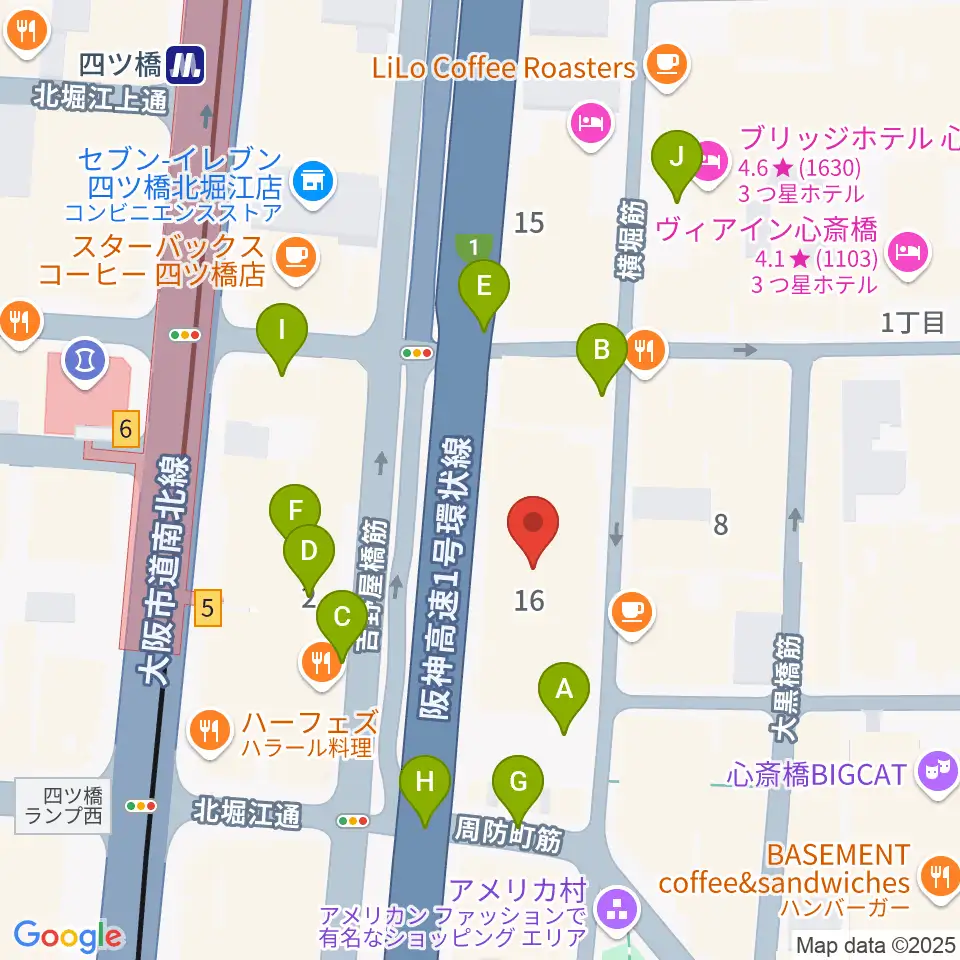 ベースオントップ アメ村店周辺の駐車場・コインパーキング一覧地図