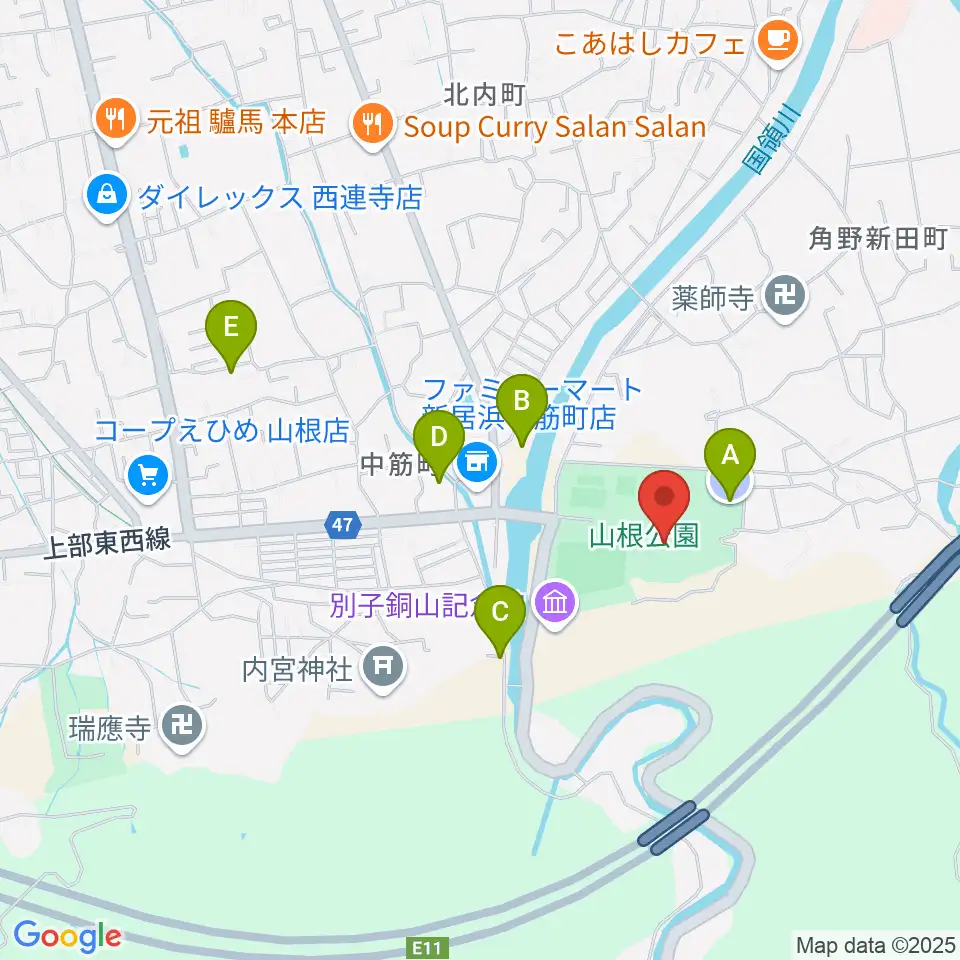 新居浜市山根総合体育館周辺の駐車場・コインパーキング一覧地図