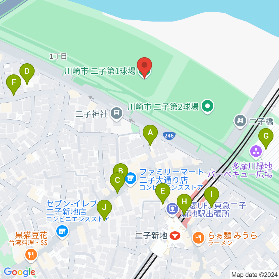 川崎市二子球場周辺の駐車場・コインパーキング一覧地図