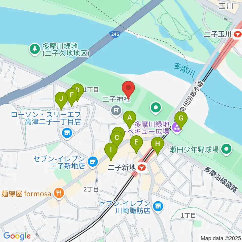 川崎市二子球場周辺の駐車場・コインパーキング一覧地図