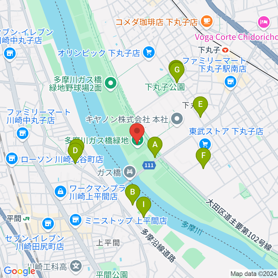 多摩川ガス橋緑地球技場周辺の駐車場・コインパーキング一覧地図