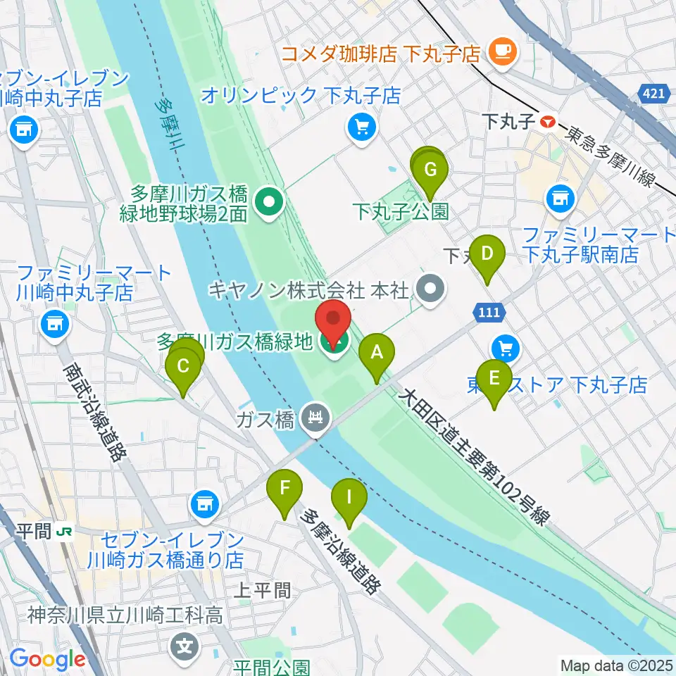 多摩川ガス橋緑地球技場周辺の駐車場・コインパーキング一覧地図