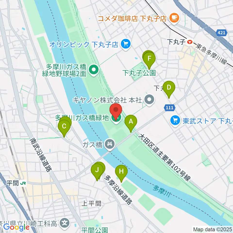 多摩川ガス橋緑地球技場周辺の駐車場・コインパーキング一覧地図