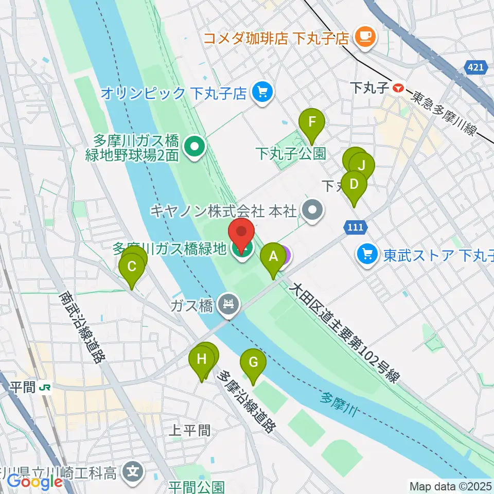 多摩川ガス橋緑地球技場周辺の駐車場・コインパーキング一覧地図