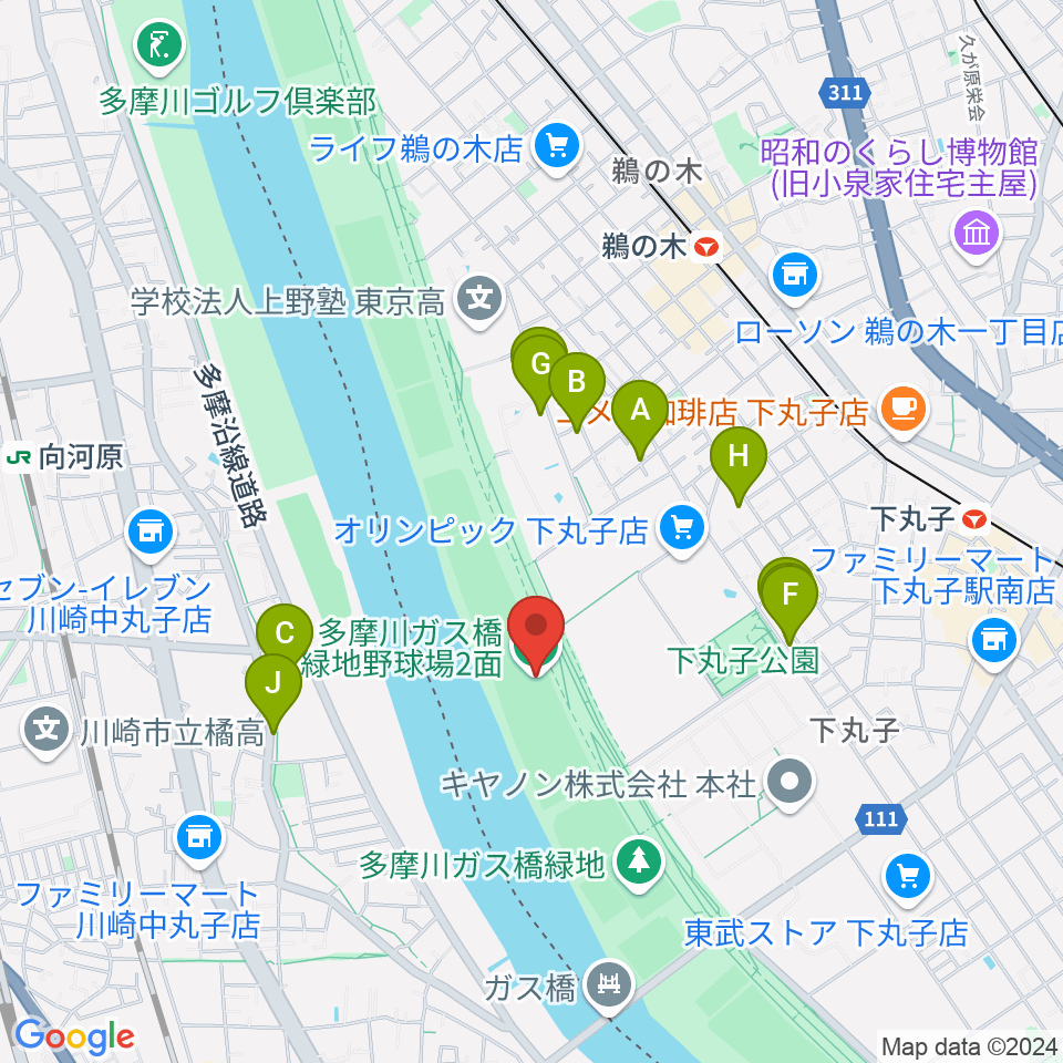 多摩川ガス橋緑地野球場周辺の駐車場・コインパーキング一覧地図