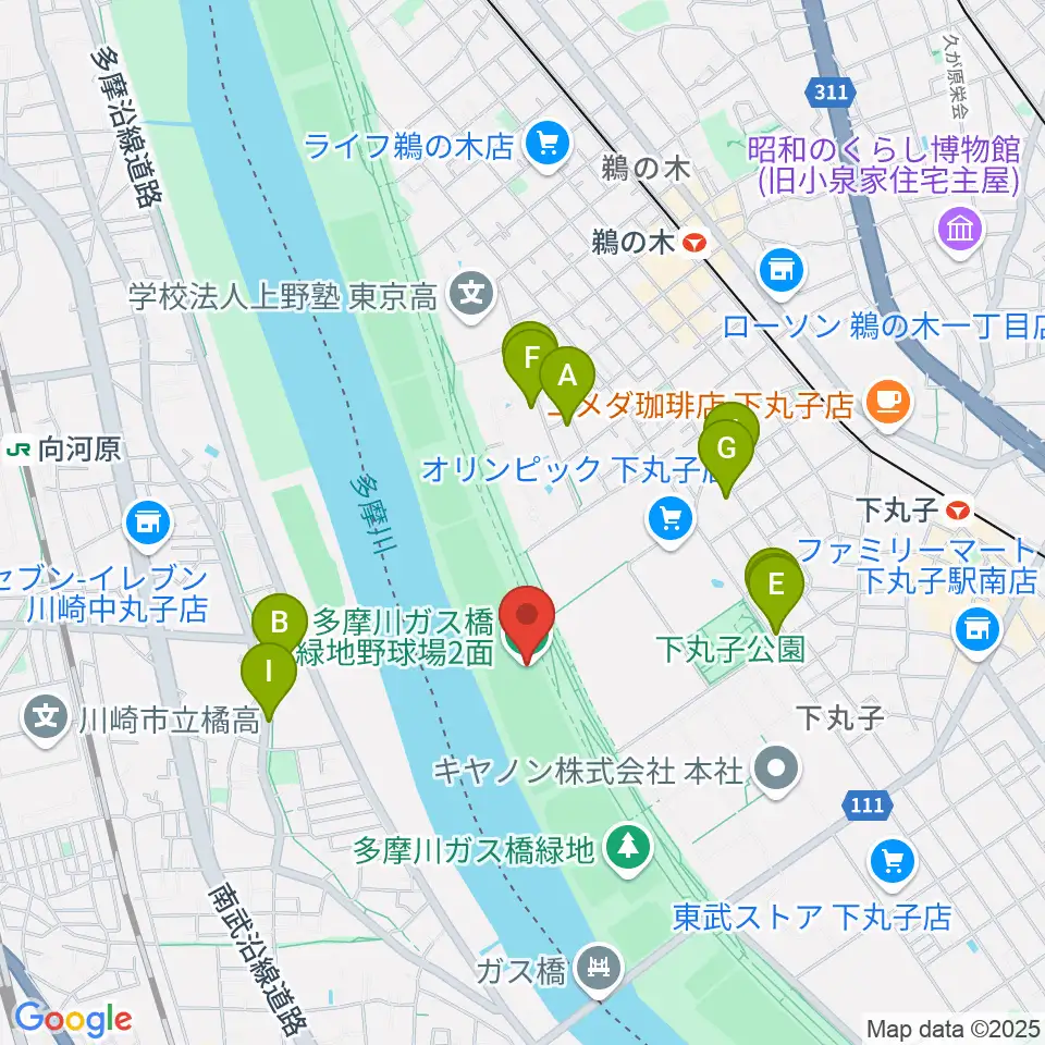 多摩川ガス橋緑地野球場周辺の駐車場・コインパーキング一覧地図