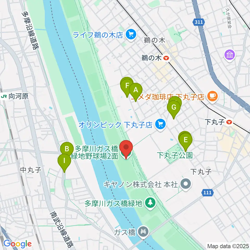 多摩川ガス橋緑地野球場周辺の駐車場・コインパーキング一覧地図
