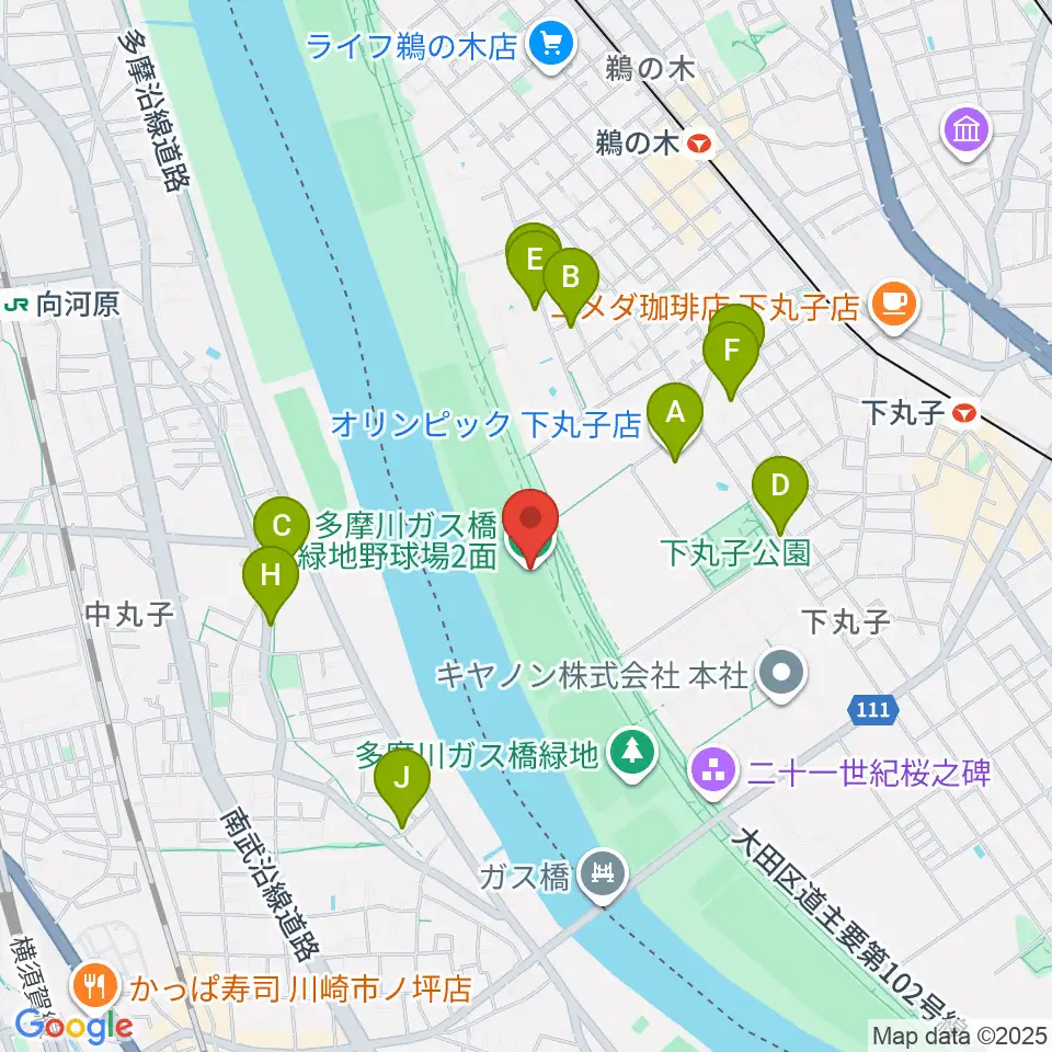 多摩川ガス橋緑地野球場周辺の駐車場・コインパーキング一覧地図