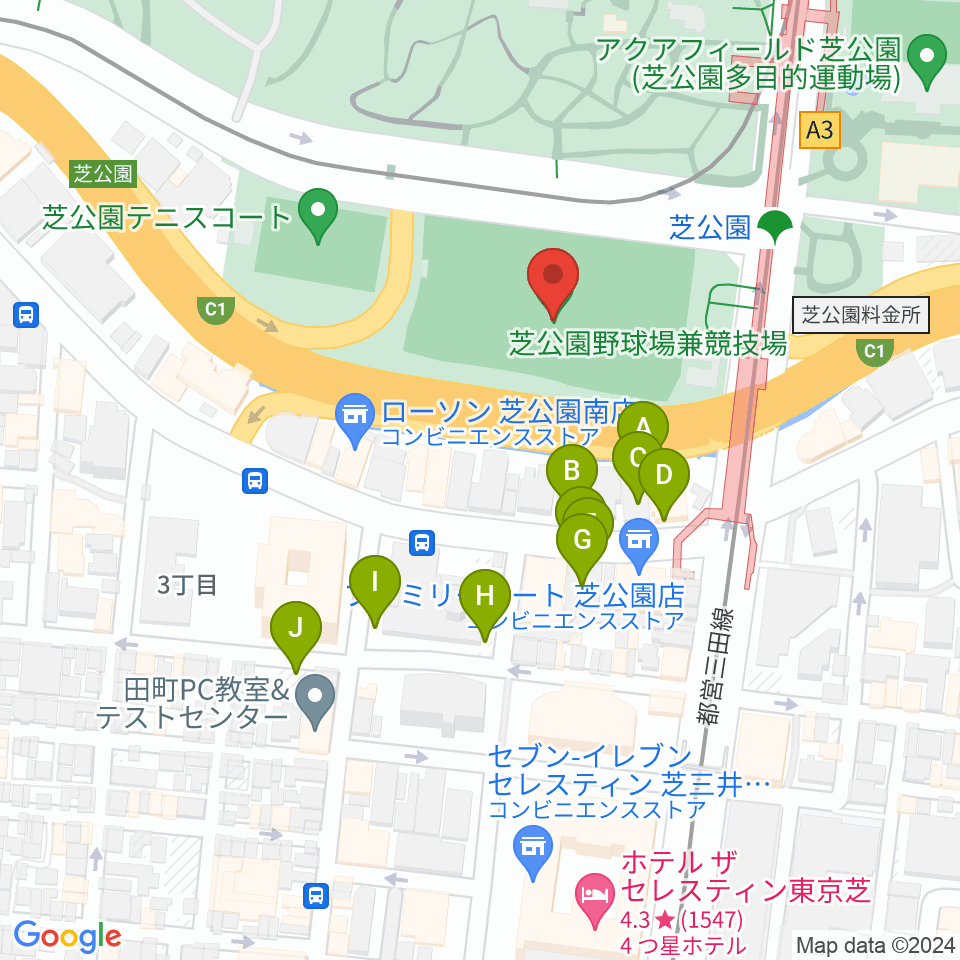 芝公園野球場周辺の駐車場・コインパーキング一覧地図