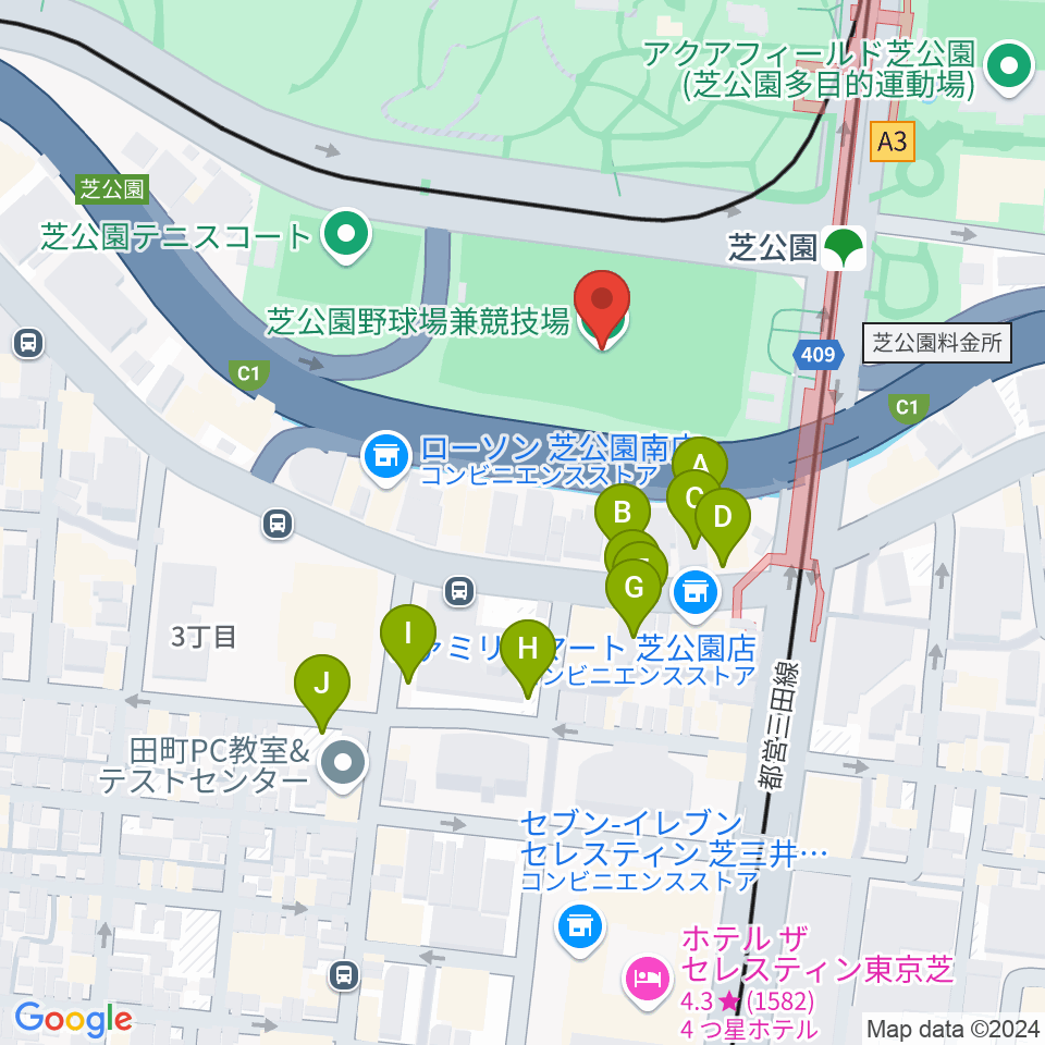 芝公園野球場周辺の駐車場・コインパーキング一覧地図