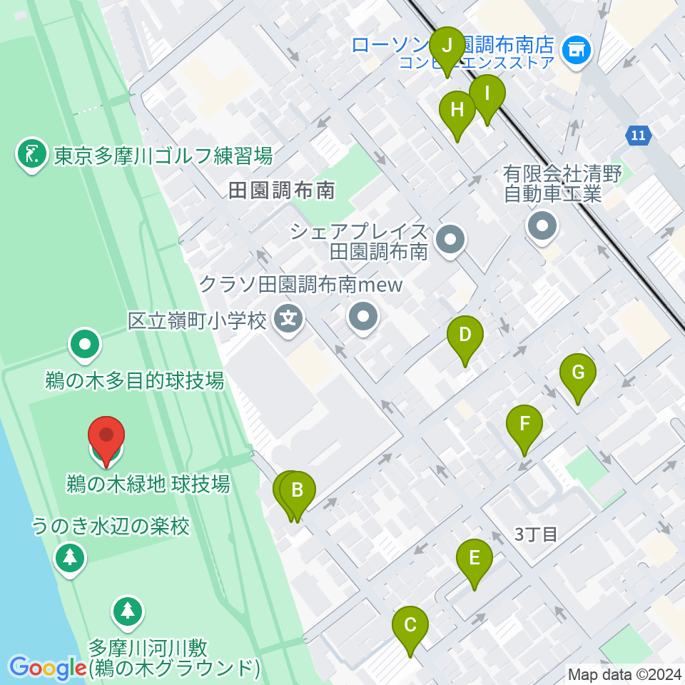 鵜の木緑地球技場周辺の駐車場・コインパーキング一覧地図