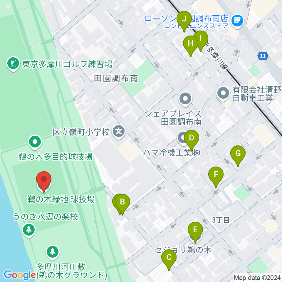 鵜の木緑地球技場周辺の駐車場・コインパーキング一覧地図