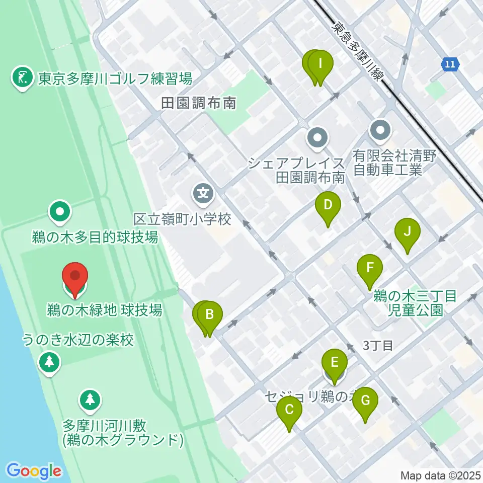 鵜の木緑地球技場周辺の駐車場・コインパーキング一覧地図