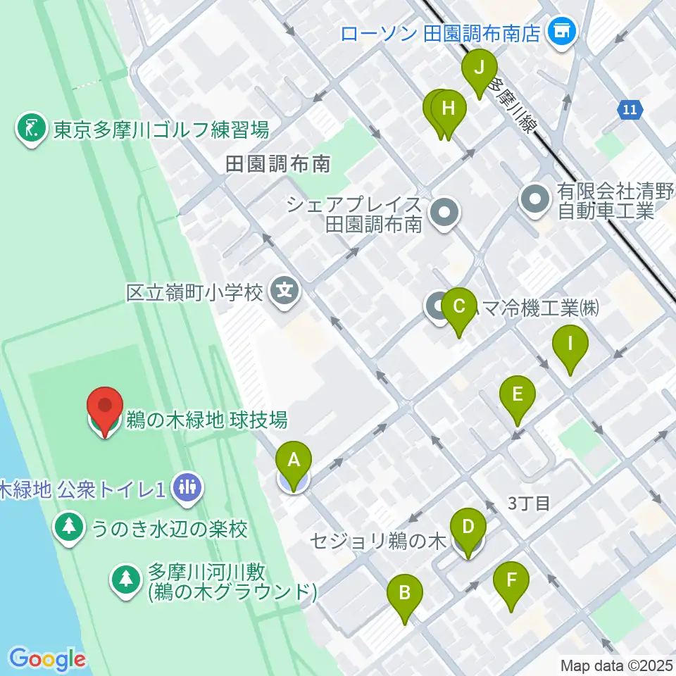 鵜の木緑地球技場周辺の駐車場・コインパーキング一覧地図
