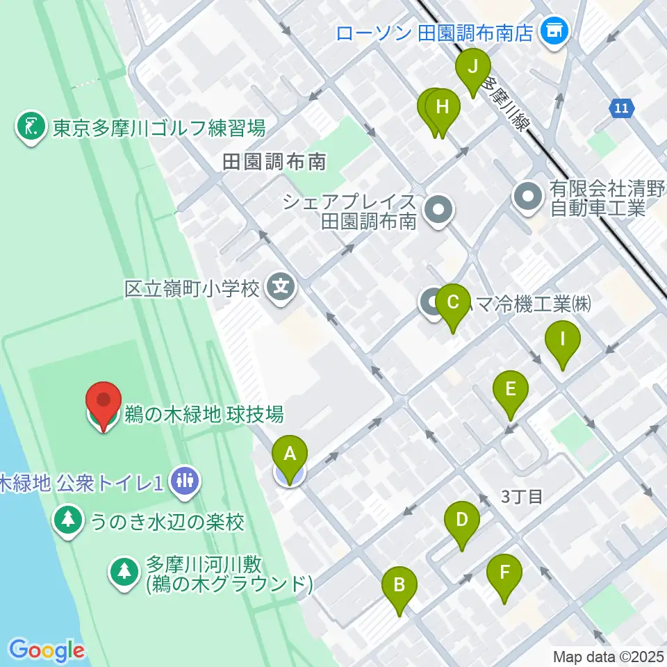 鵜の木緑地球技場周辺の駐車場・コインパーキング一覧地図