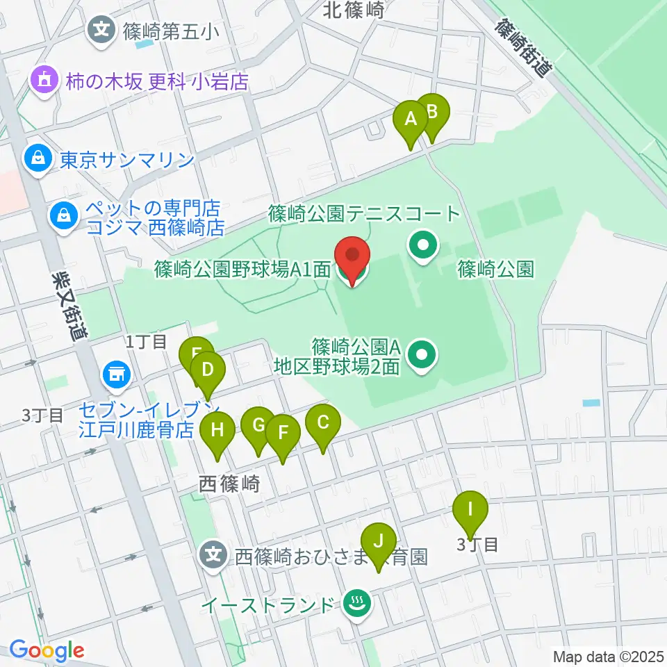 篠崎公園A地区野球場周辺の駐車場・コインパーキング一覧地図