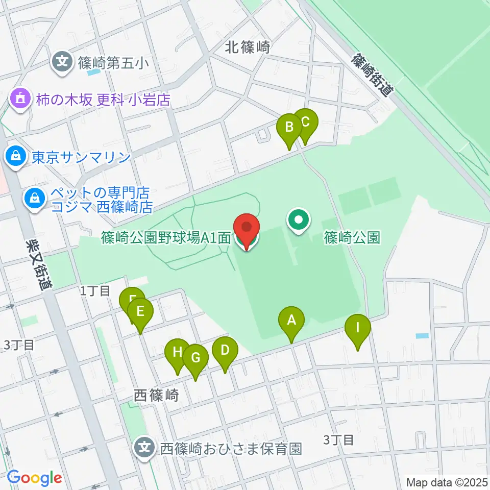 篠崎公園A地区野球場周辺の駐車場・コインパーキング一覧地図