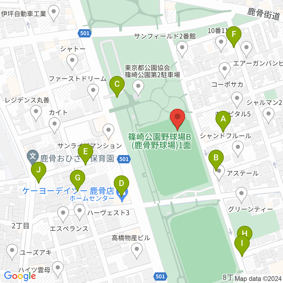 篠崎公園B地区鹿骨野球場周辺の駐車場・コインパーキング一覧地図