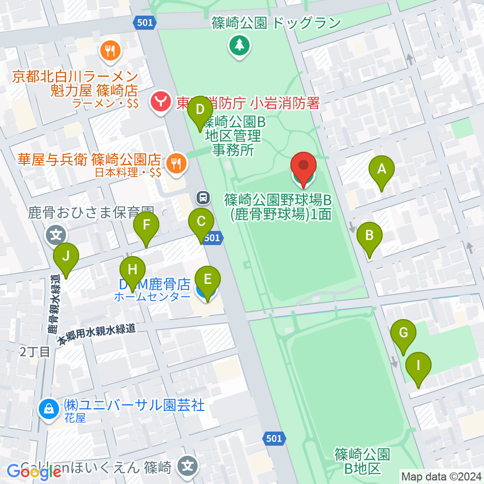 篠崎公園B地区鹿骨野球場周辺の駐車場・コインパーキング一覧地図