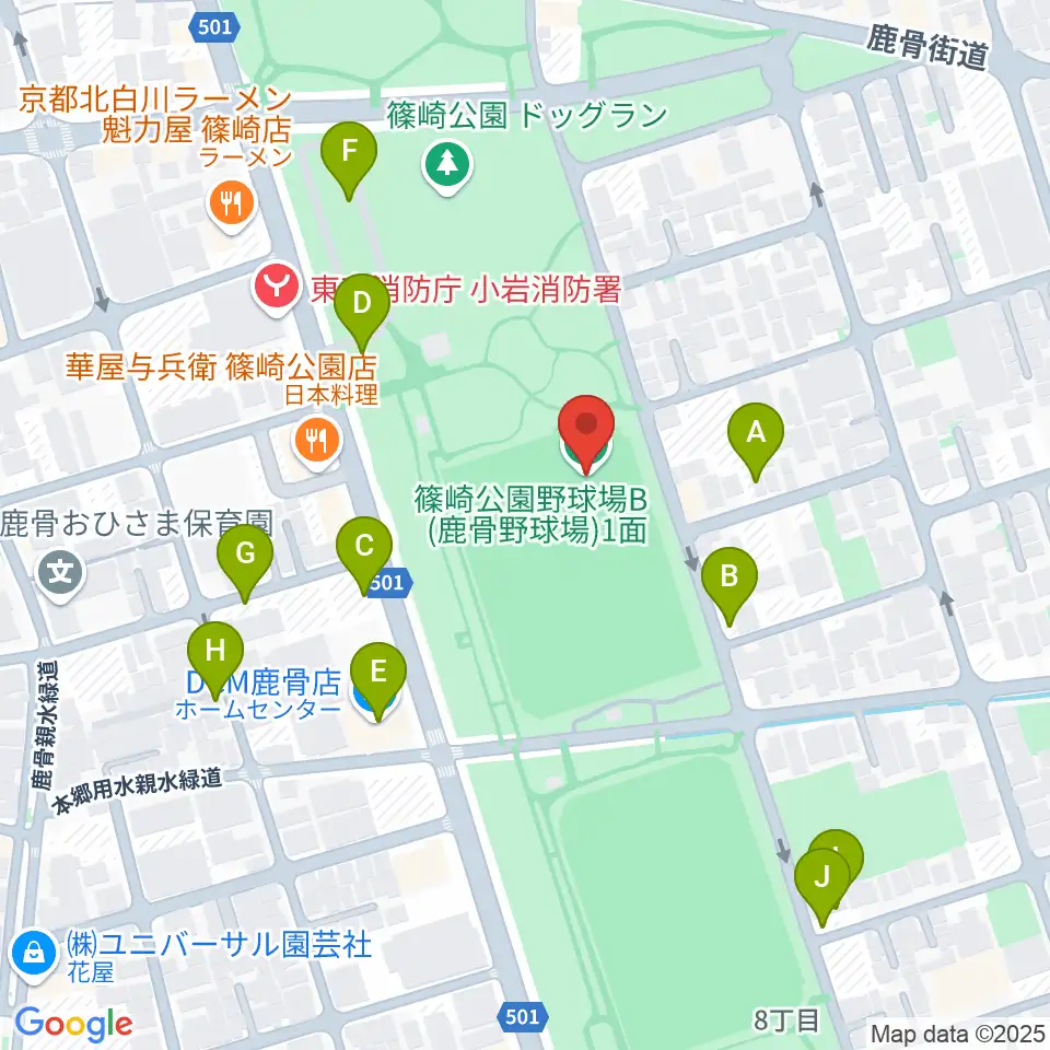 篠崎公園B地区鹿骨野球場周辺の駐車場・コインパーキング一覧地図