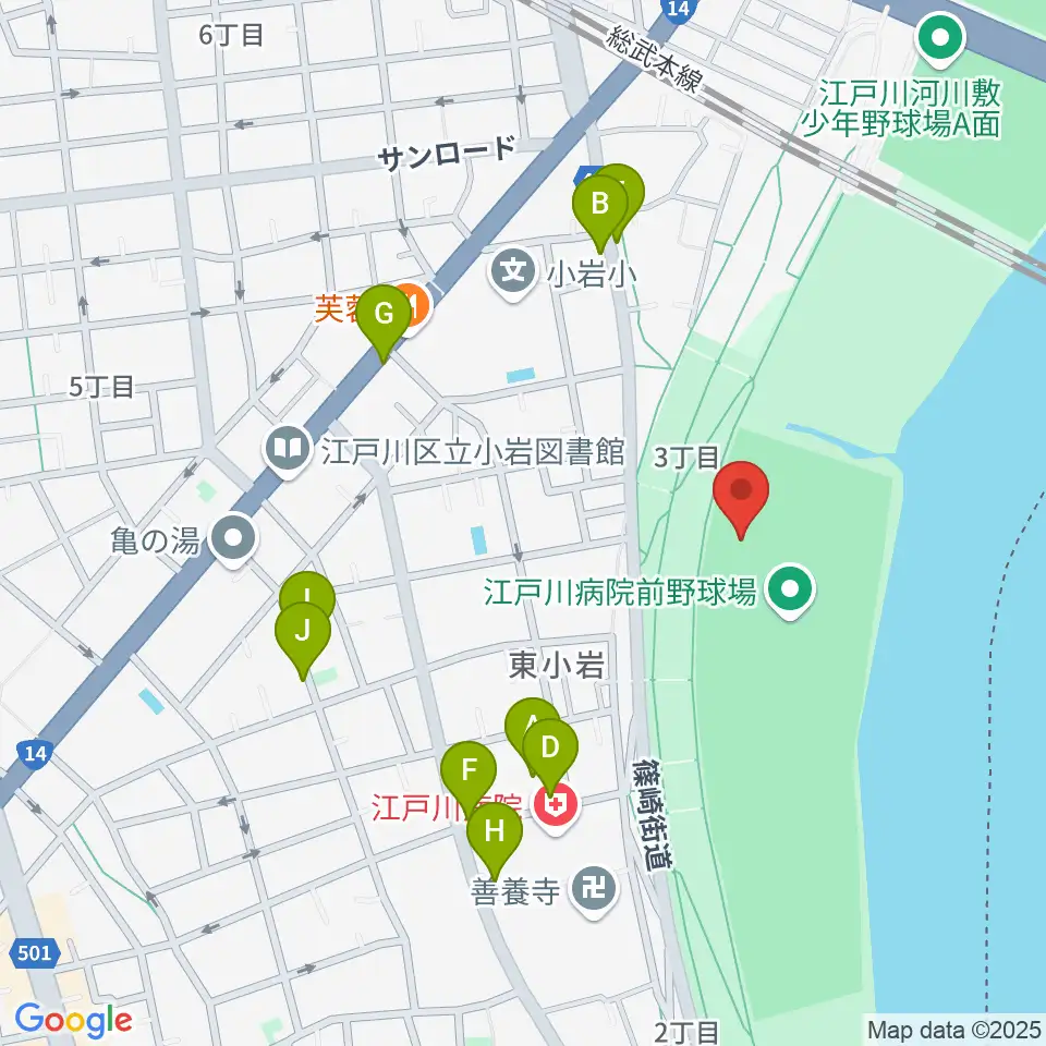 江戸川病院前野球場周辺の駐車場・コインパーキング一覧地図