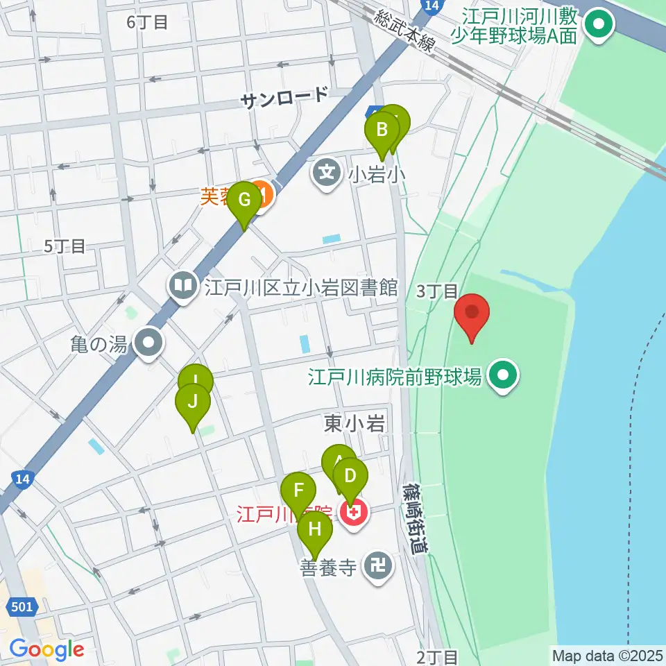 江戸川病院前野球場周辺の駐車場・コインパーキング一覧地図
